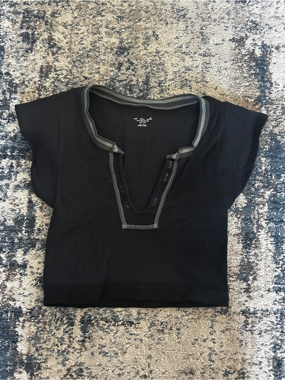 Urban Outfitters Black Ribbed Henley Crop Top with Gray Trim